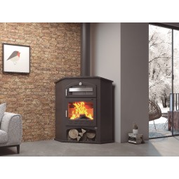 Estufa de Leña M-106 R: Calor de Esquina con Horno Envolvente en Acero Inoxidable de Estufas Mansele