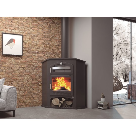 Estufa de Leña M-106 R: Calor de Esquina con Horno Envolvente en Acero Inoxidable de Estufas Mansele