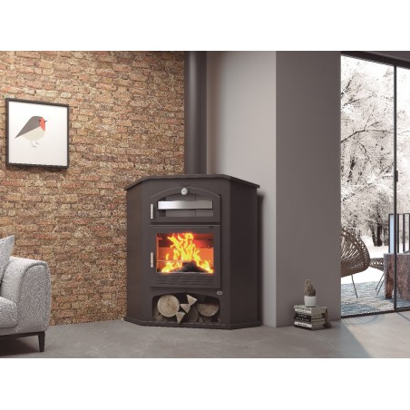 Estufa de Leña M-106 R: Calor de Esquina con Horno Envolvente en Acero Inoxidable de Estufas Mansele